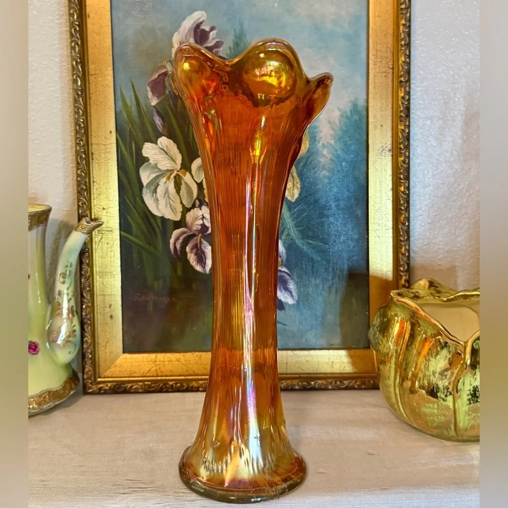 Antique Imperial Carnival Glass 1912 Marigold Beaded Bullseye Swung Vase